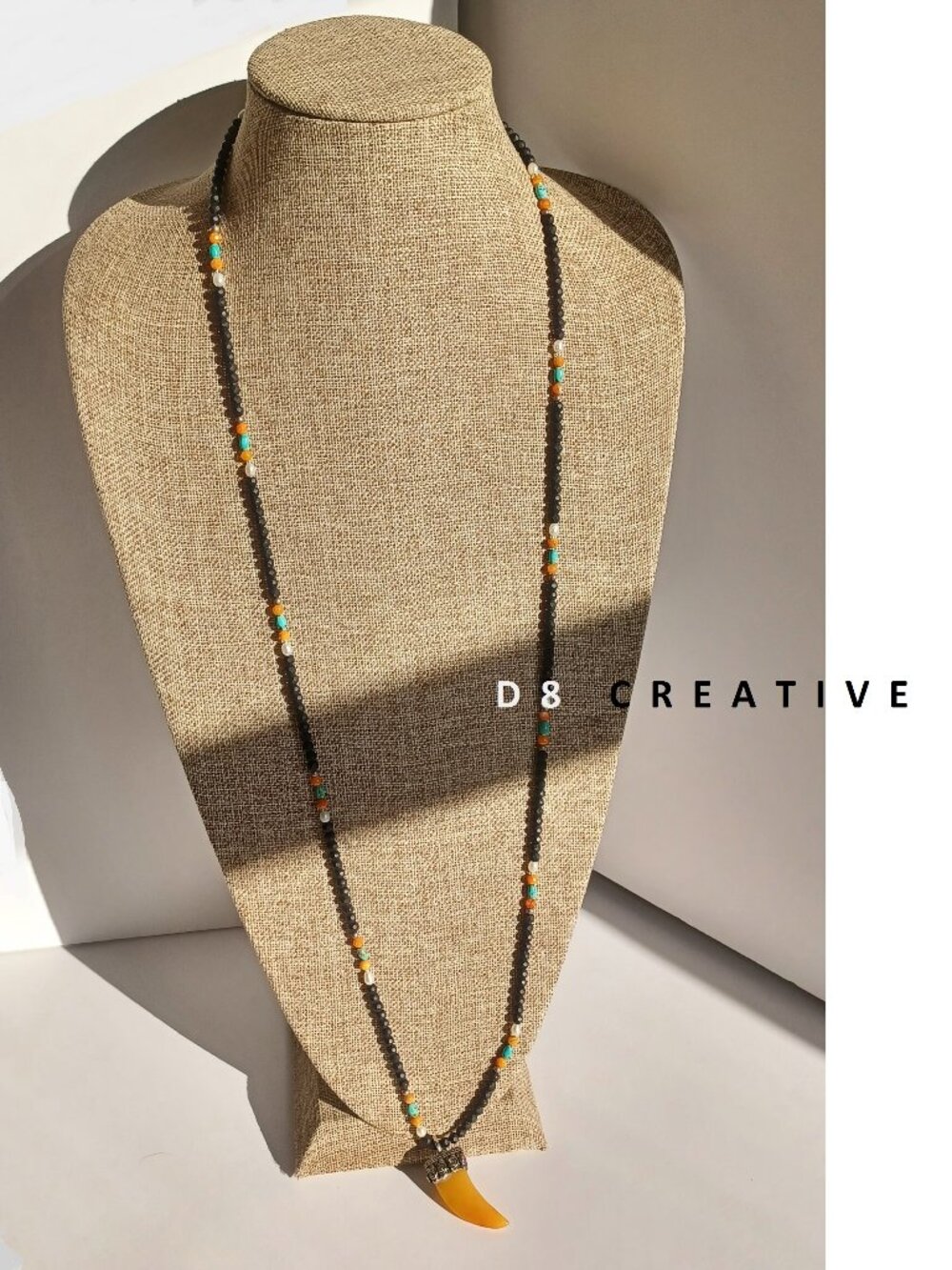 New black matte onyx with freshwater pearl and turquoise horns pendant necklace